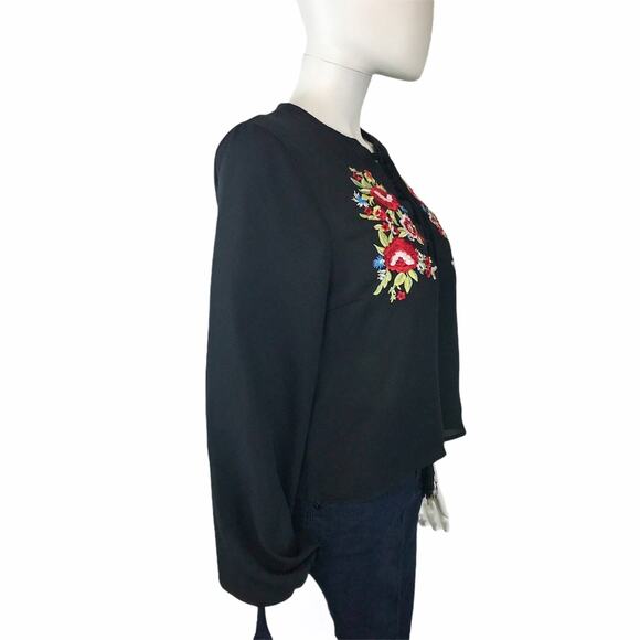 Haute Rouge NWT Black Chiffon Blouse Embroidered Red Roses Long Sleeves - Picture 5 of 6